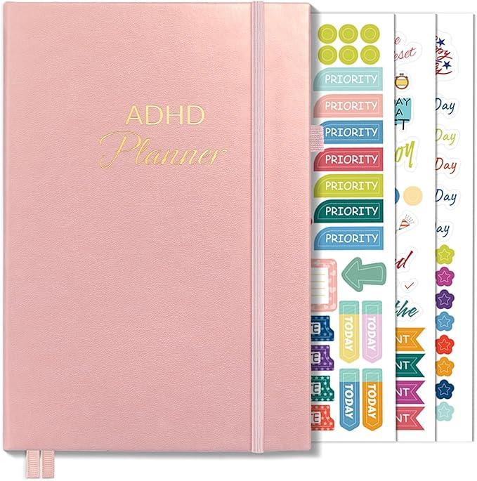 SUNEE Adhd Daily Planner for Adults,3-Month Undated Daily Weekly Monthly Planner for Productivity, Goal Setting, Time Management, Work & Life - for Men & Women,Vision Board + Stickers,Rose Gold
