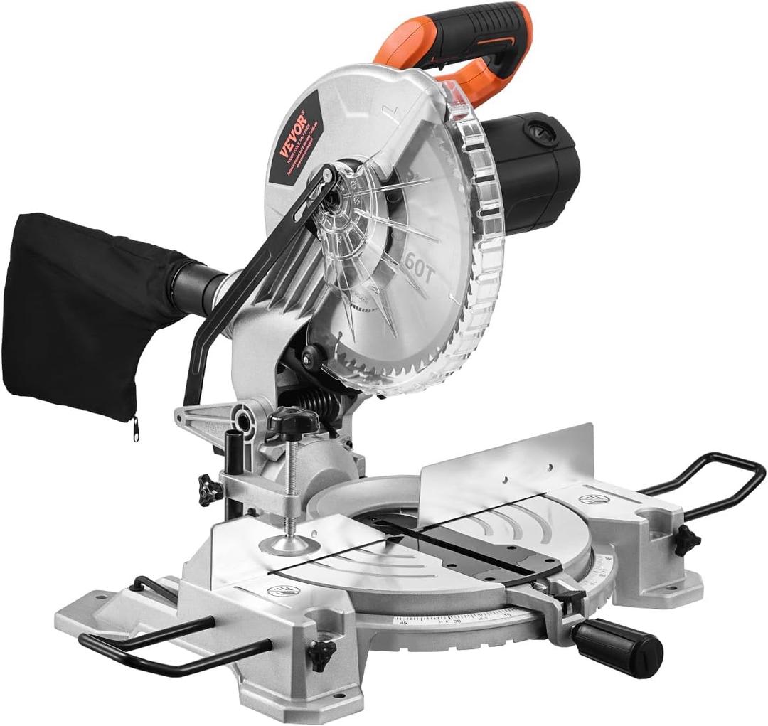 VEVOR Compound Miter Saw, 10-Inch Blade, 15 Amp Motor, 60-Tooth, Corded Single Bevel 0-45, LED Precision Alignment, Angle Adjustable, Lightweight Cast Aluminum Base, for Wood, Composite Decking