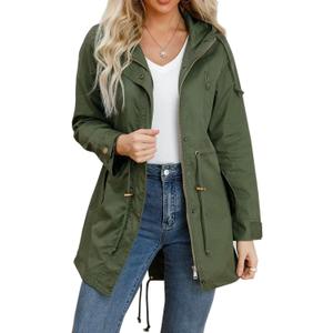 Women's Ligtweight Jackets Anorak Utility Drawstring Waist Hoodie Zip Up Fall Casual Coat with Pockets (Large, Green)