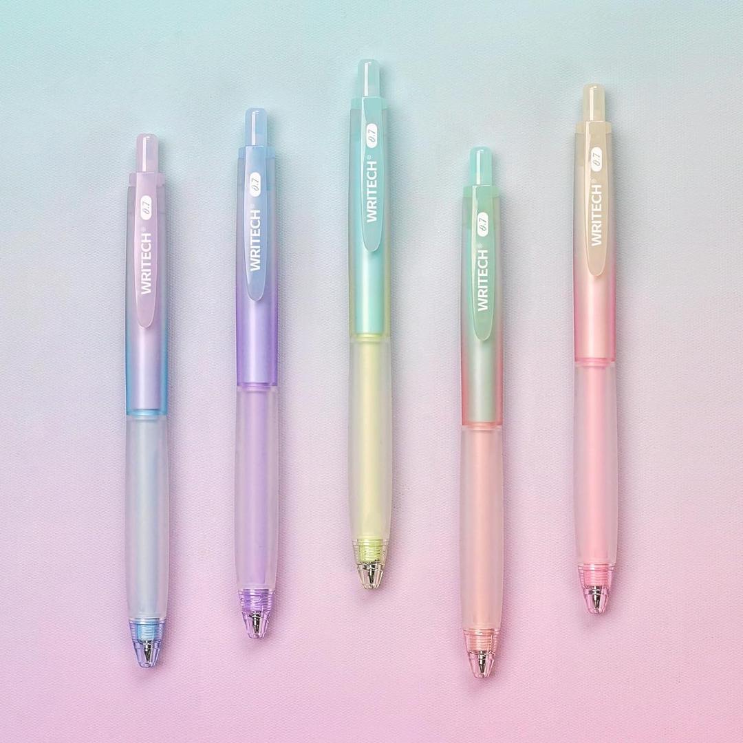 WRITECH Retractable Gel Ink Pens: 0.7mm Fine Point Black-Ink Aesthetic Gradient Color Barrel Soft Grip Medium Point Pen 5ct with 5 Refills for Journaling Smooth Writing Quick-dry No Bleed