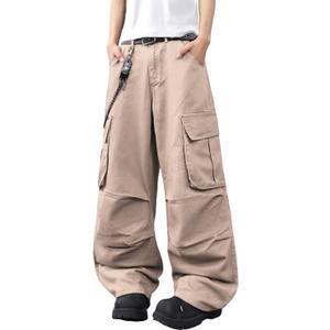 DFGIGT Mens Denim Baggy Pants with Cargo Pockets Mid Weight Casual Streetwear Wide Leg Jeans Hip Hop Skater Trousers (Beige, M)