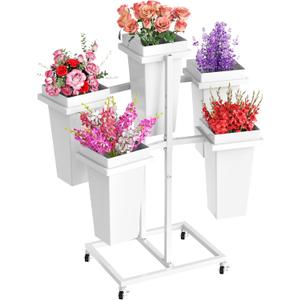 Asee'm Flower Display Stand with 5 Square Buckets Multi-tiered Metal White Flower Cart Stand with Wheels Moving Plant Stand Bar Shelf Flower Holder for Indoor Outdoor Patio Garden Florist Wedding (12.6''L x 16.5''W x 31.5''H)