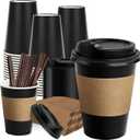 RACETOP 12 oz Paper Coffee Cups,100 Pack Black Disposable Coffee Cups with Lids, Sleeves and Stirring Sticks, 12 oz Hot Coffee Cup for Hot Drinks, Parties, Picnic, Travel, and Events