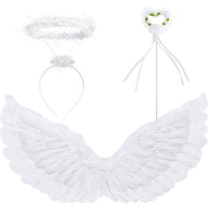 Zezzxu Angel Wings and Halo Magic Wand Set, Large White Feather Wing Halloween Angel Costume Set for Adults Girls Women (35.4 × 15.7 Inches)