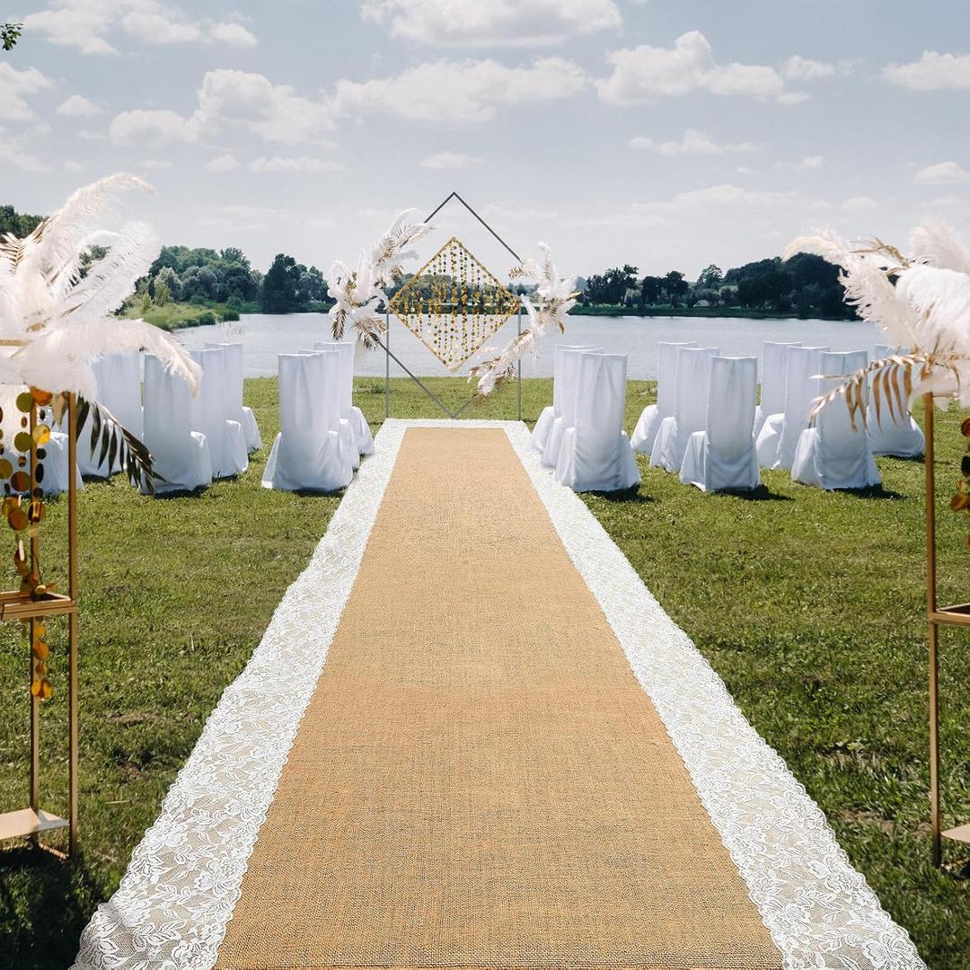 Preboun 3ft x 20 ft Wedding Aisle Runner Outdoor Natural Burlap Aisle Runner for Wedding Ceremony Wide Rustic Jute Carpet Rug with Lace Outdoor Beach Ceremony Decorations for Garden Lawn Church