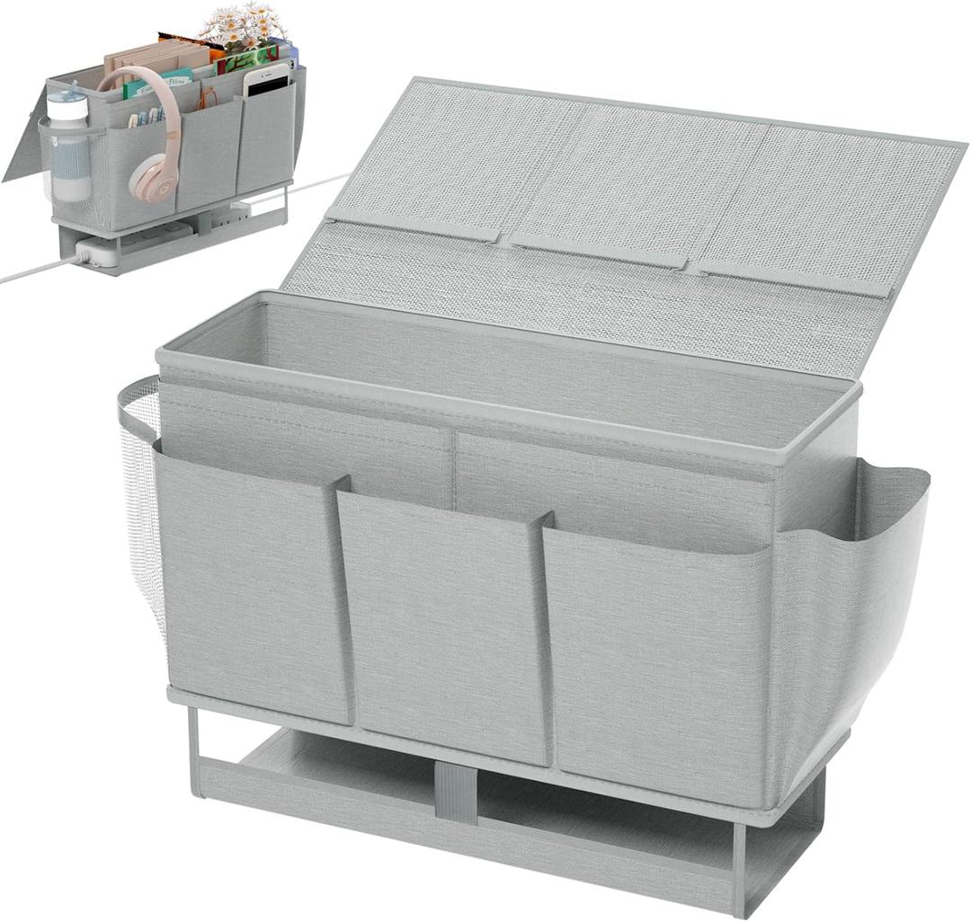 Bedside Caddy, Bed Organizer with 11 Pockets and Power Strip Holder, Versatile Bedside Storage Caddy for Home, Dorm, Bunk, Hospital, Crib Bed (Grey)
