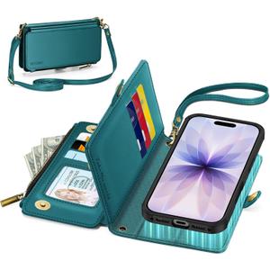 TUCCH Detachable Crossbody Wallet Case for iPhone 17 (6.3"), 9 Card Holders RFID Blocking | Lanyard | Wrist Strap | Wireless Charging | Zipper Pocket | PU Leather | Kickstand Flip Cover | Bluish Green
