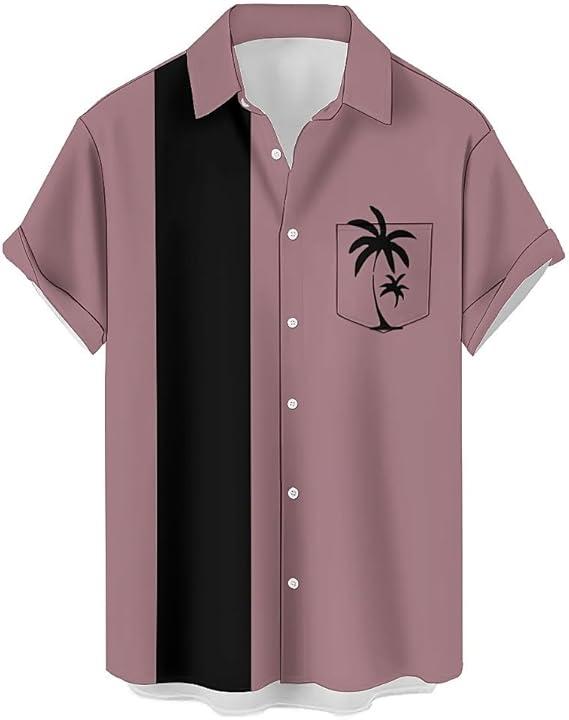 Mens Standard-Fit Shirts Coconut Tree Beach Short-Sleeved Button-Up Casual Hawaiian Shirt (Pink, Large)