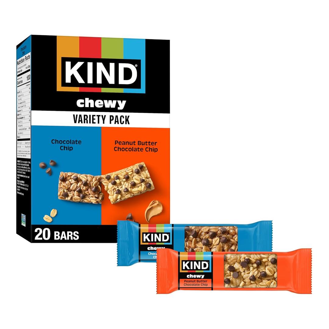KIND Chewy Granola Bars, Variety Pack, Chocolate Chip and Peanut Butter Chocolate Chip, Gluten Free, 100 Calories, Whole Grains and Oats, 20 Count