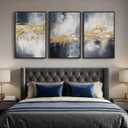 Large Framed Blue and Gold Abstract Wall Art for Living Room, 3 Piece 24x36, 24" W x 36" H x 3Pcs