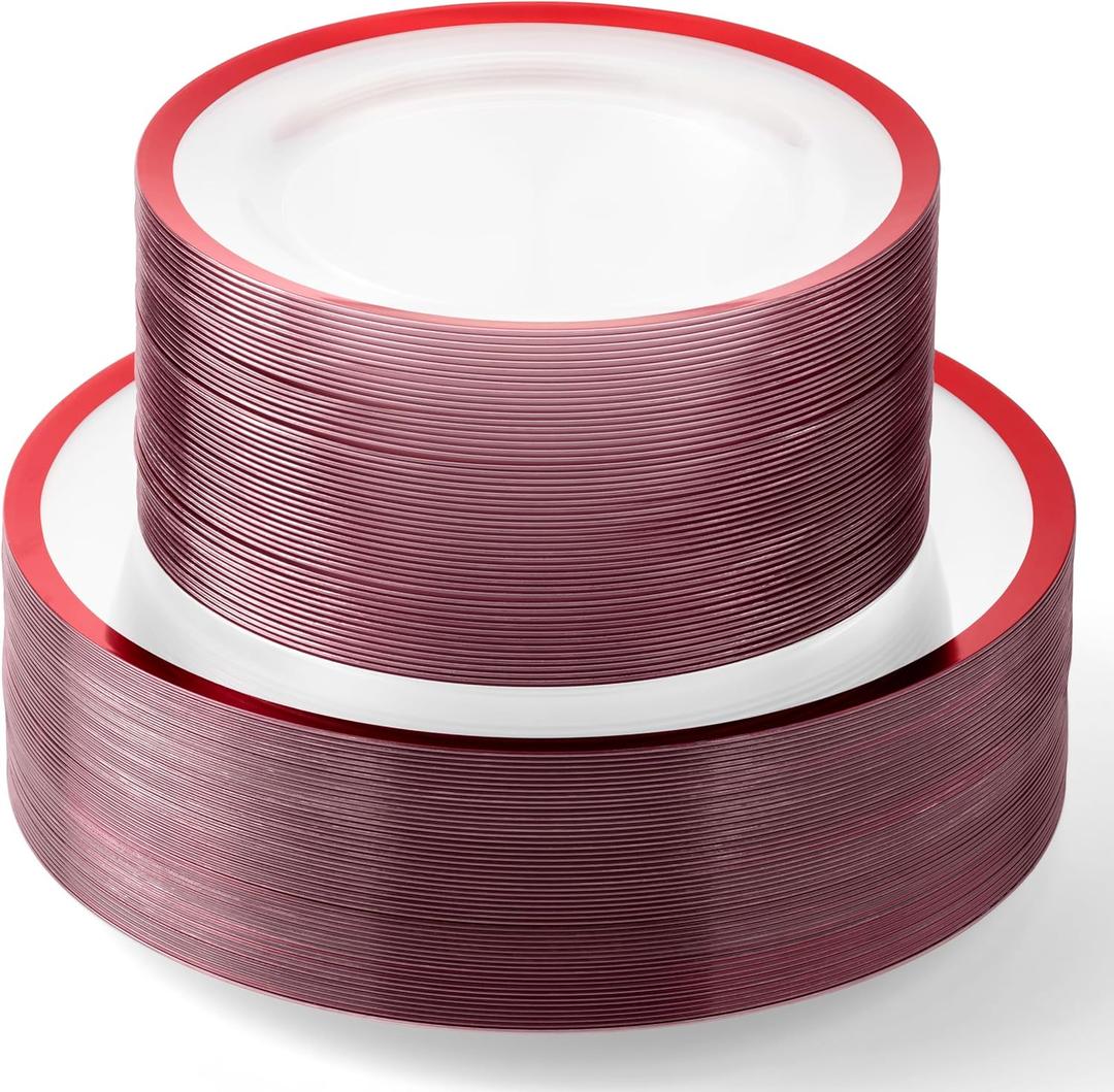 By Madee PREMIUM 100Pc Clear and Red Plastic Plates for Party - 50 Dinner & Dessert Plates with Metallic Trim - Extra-Heavy 30% Thicker for Sturdy, Spill-Free Celebration (50 Guests)
