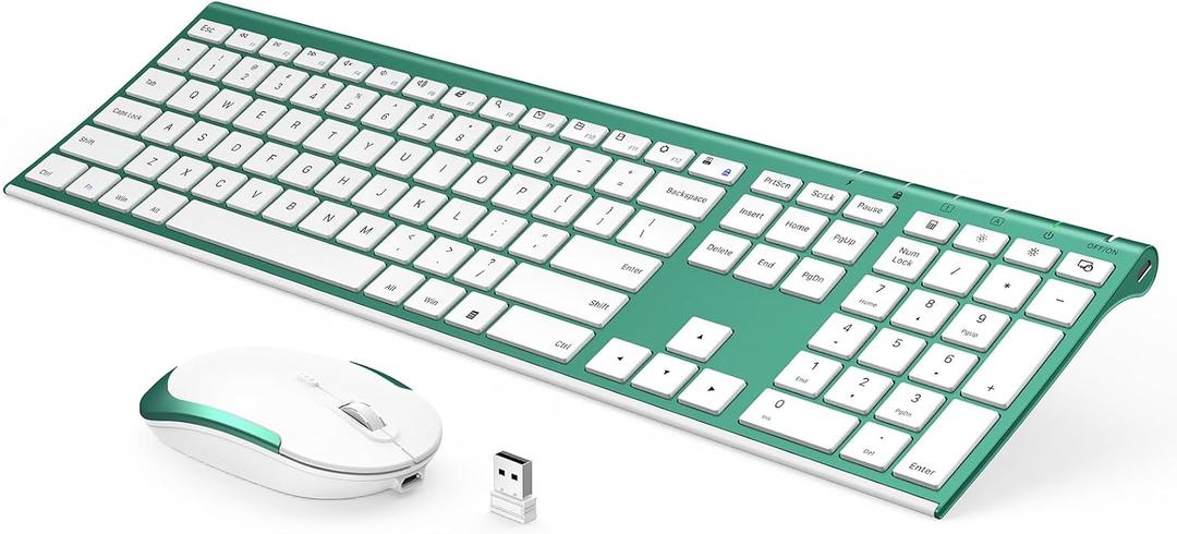 Rechargeable Wireless Keyboard Mouse, Vssoplor Quiet Full-Size Keyboard and Mouse Combo with USB for PC, Windows, Laptop-Blackish Green