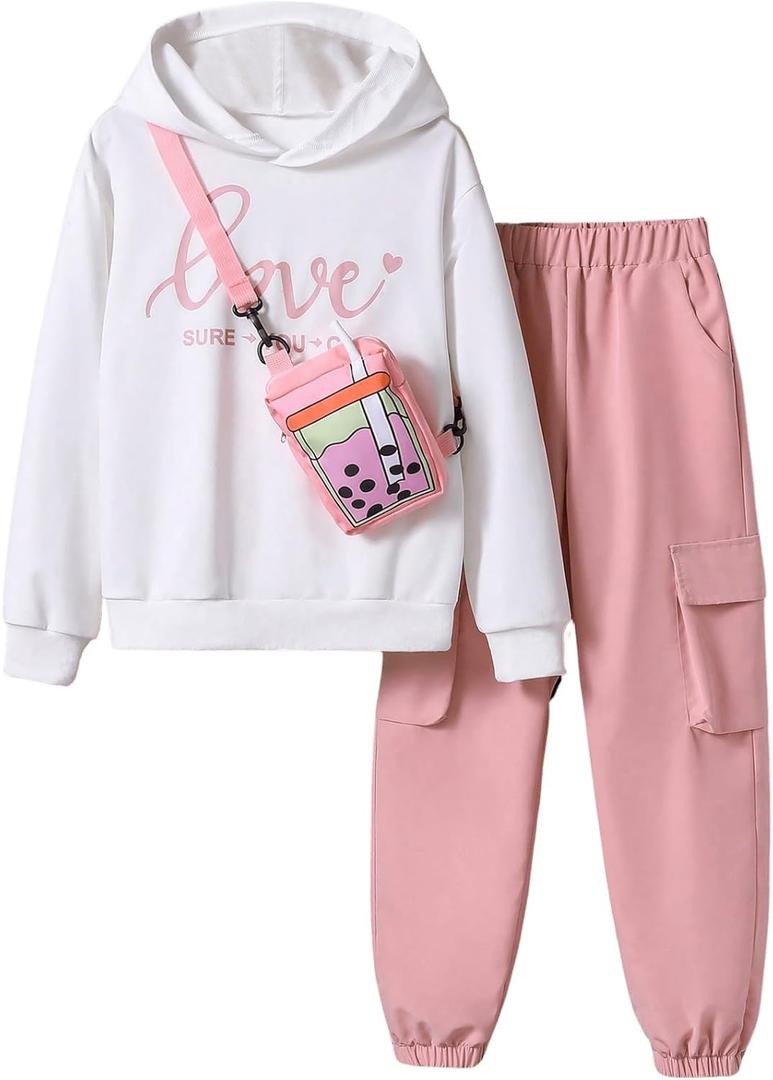 Floerns Girl's 3 Piece Outfit Letter Print Long Sleeve Sweatshirt Pants Set with Bag Pink 9Y