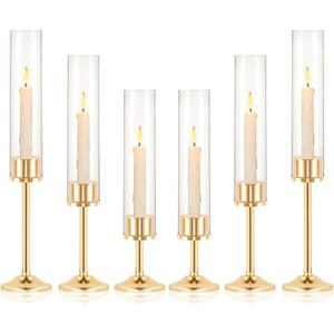 Glod Glass Hurricane Candle Holder for Taper Candles 6 Pcs Candlestick Holders (13" 15" 17") Bulk with Windproof Cylinder for Tabletop Wedding Home Decor (Gold)