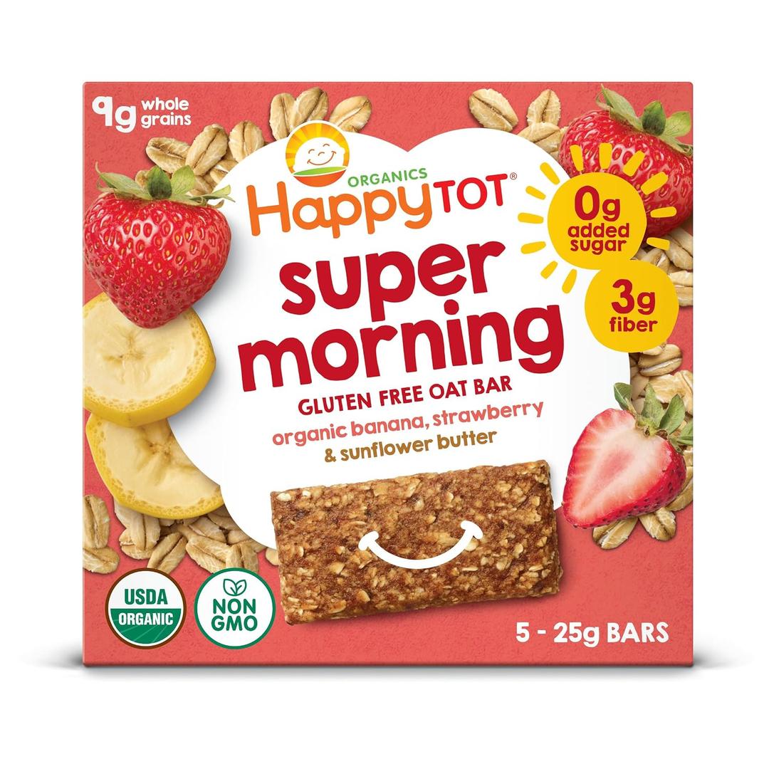 HAPPYTOT Organics Super Morning Oat Bars, Bananas, Strawberries & Sunflower Butter, 5 Count (Pack of 6) (EXP 09/12/26)