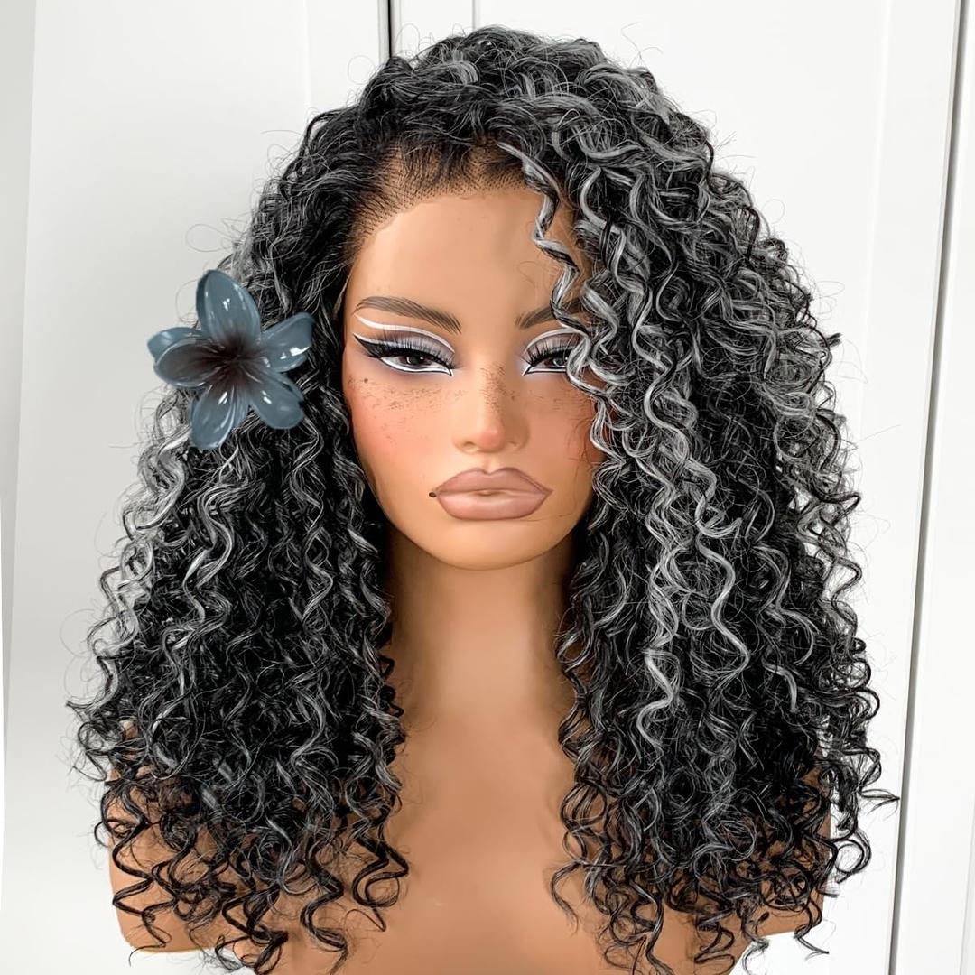 Grey Highlight Curly Wig Wear And Go Glueless Synthetic HD Lace Afro Wig 13x6 Black And White Skunk Stripe Kinky Curly (Oreo)