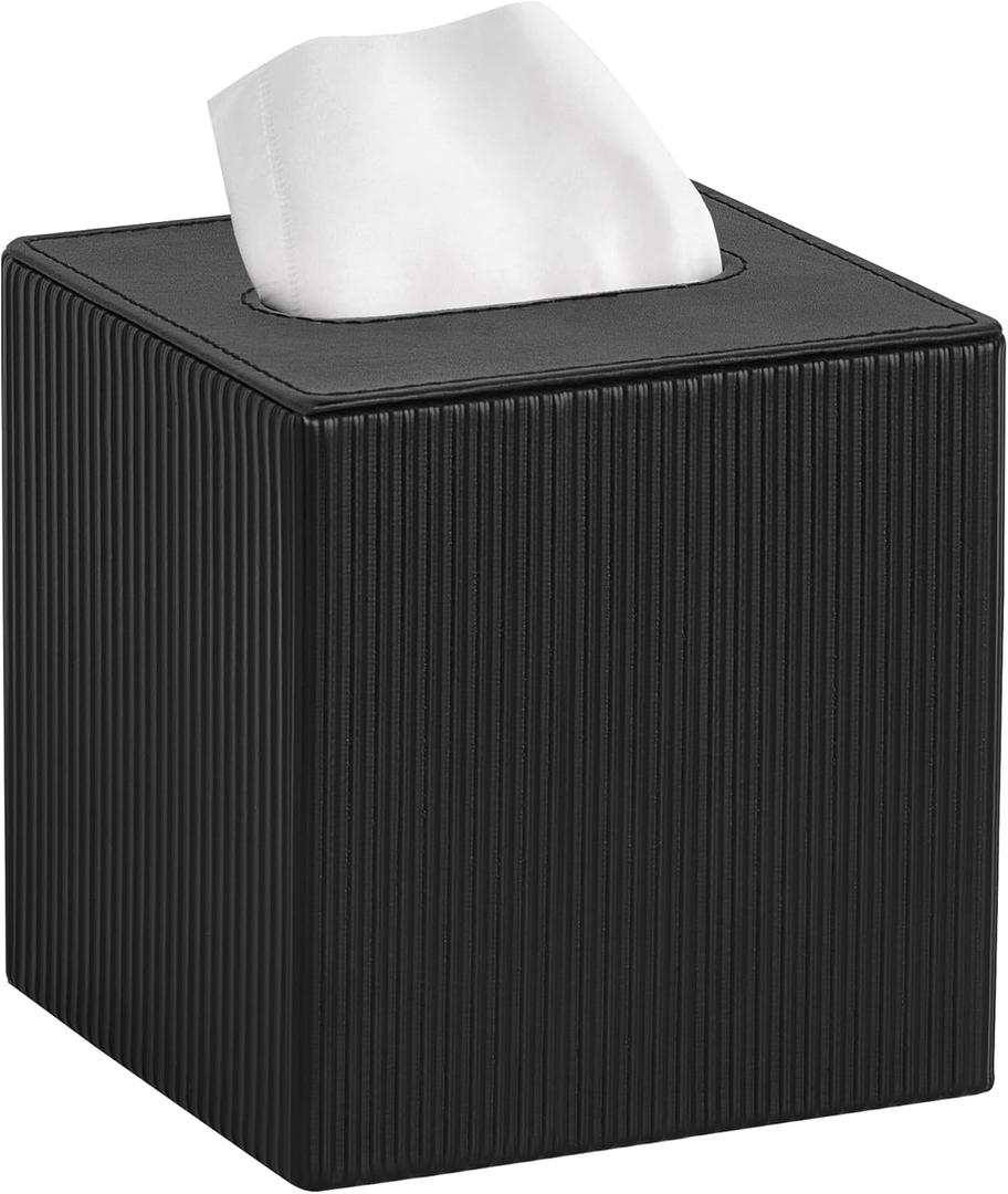 Mkono Tissue Box Cover PU Leather Square Tissue Box Holder with Bottom, Decorative Facial Cube Organizer for Bedroom Bathroom Dresser Vanity Countertop Night Stands Home Office Desk (Black)