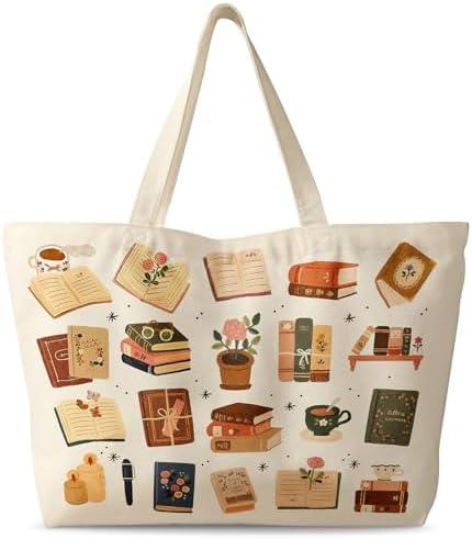 Miss Adola Large Tote Bag for Women - Canvas Tote Bag with Zipper Aesthetic Book Coffee Cotton Cloth Reusable Big Shoulder Bag for Shopping, Gym, Travel, Work