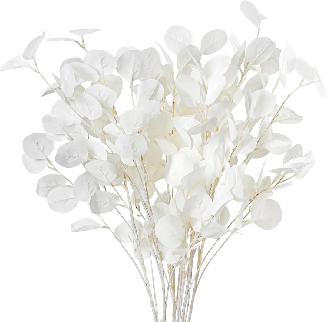 OJRTHDE 7PCS Long Artificial Eucalyptus Stems 35.4" Tall Fake Branches with White Silk Apple Leaves Summer Plants Bouquet Wedding Party Flowers Arrangement Accessories Home Table Festival Decorations