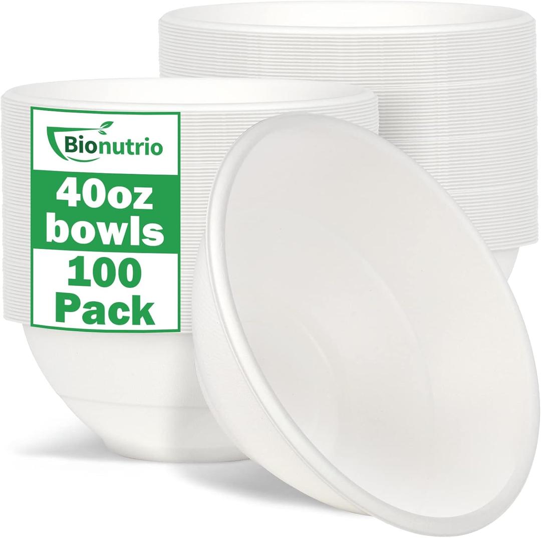 40oz Large Paper Bowls Disposable, 100 Pack Heavy Duty, Compostable White Sugarcane Bowls For Cereal, Salads, Hot & Cold Food