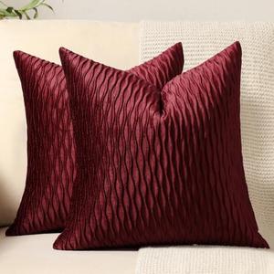 DEZENE Burgundy Throw Pillow Covers: 2 Pack 18x18 Inch Original Striped Velvet Square Decorative Pillow Cases for Farmhouse Couch