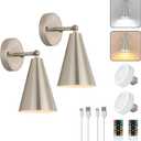 MWZ Brushed Nickel Battery Operated Wall Sconces Set of Two,Wireless Led Lighting with Remote Control, Modern Dimmable 2 Color Temperatures Adjustable Angle Wall Mount Lamp with Silver Metal Shade