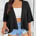 WDIRARA Women's Plus Size Open Front Jacket 3/4 Sleeve Lightweight Cardigan Outerwear (Black, XXL)