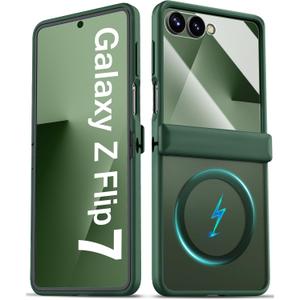 for Samsung Galaxy Z Flip 7 case with Hinge Protector, Slim Thin Compatible with MagSafe, Front Screen Protector, Translucent Rugged Shockproof Protective Phone Case for Galaxy Z Flip 7, Green