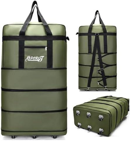 Expandable Extra Large Travel Oxford Duffel Bag with Wheels Waterproof Lightweight Traveling Foldable Suitcase (Green, L - 6 wheels)
