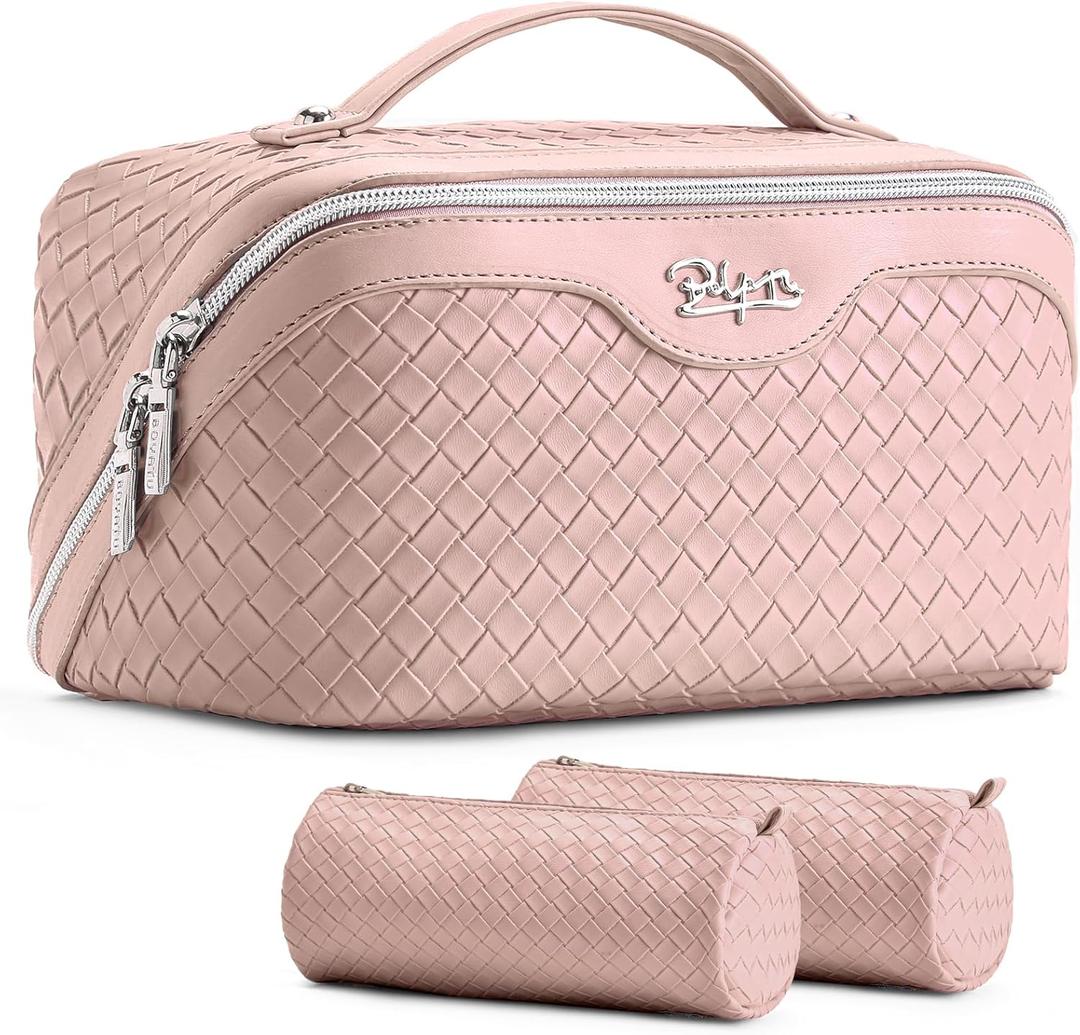 BOYATU Travel Makeup Bag Cosmetic Bags for Women: Large Capacity 3 Pcs Set Make up Bag with Compartments - Waterproof Vegan Leather Toiletry Organizer Bags with Handle (L02 Light Pink)