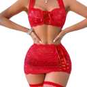 Sexy Floral Lace Bodycon Underwire Stocking Lingerie Set 4 Piece (Red)