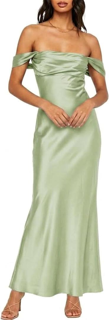 Realtix Satin Off The Shoulder Strapless Bridesmaid Maxi Dress for Women (Green, XS)