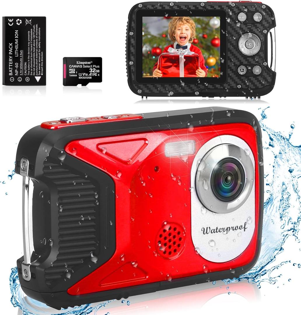 Waterproof Digital Camera with 32GB Card HD 1080P 36MP Underwater Digital Camera for Kids Teens Students Boys Girls(Red)