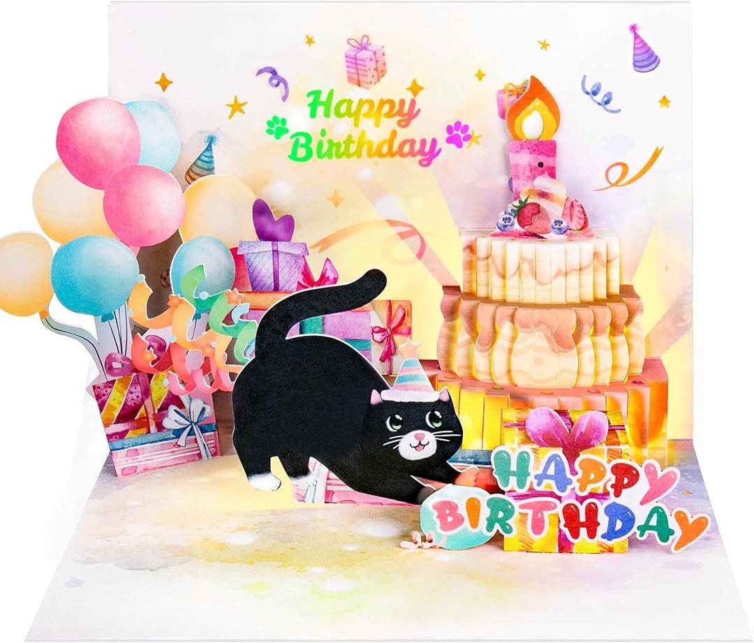 Birthday Cards, Cute Cat MUSIC & LIGHTS & BLOWABLE CANDLE Funny Pop up Happy Birthday Card, Birthday Gifts for Women Men Cat Lover Mom or Dad