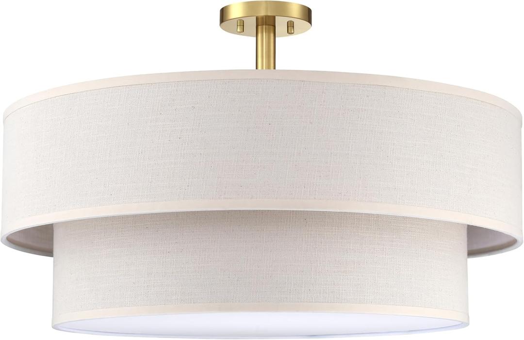 5 Light Semi Flush Mount Close to Ceiling Light Fixture, Cream Linen Fabric Shade, Brushed Bronze Finish 24 inch for Bedroom, Living Room, Dining Room, Hallway (Gold 2 Tier)