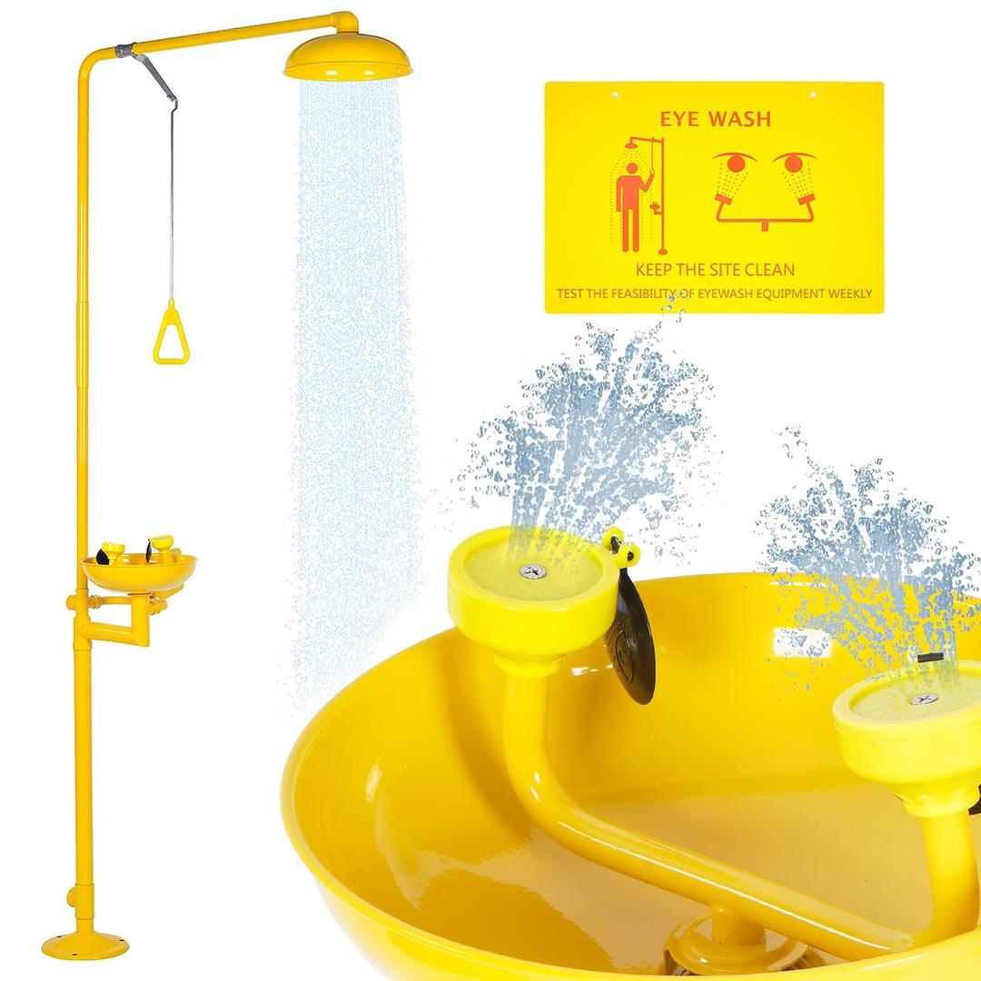 lukar Emergency Shower Eye Wash Station, Combination Eye Wash Station with Shower, 92.12" Emergency Eye Wash & Shower Equipment, with Emergency Sign, 304 Stainless Steel & Yellow Coating