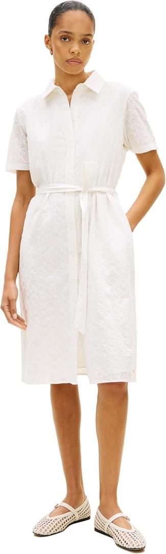 Tommy Hilfiger Women's Short Sleeve Cotton Eyelet Dress with Waist Tie Detail (White, M)