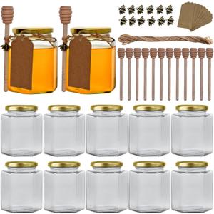 12Pack12 oz Glass Jars with Lids,Honey Jars with Gold Lids,Clear Hexagon Glass Jars for Honey, Party Favors, Wedding Favors,Jams