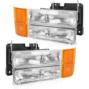 Headlights Assembly Replacement For Chevy Silverado Suburban Tahoe C10 C/K 1500 C2500 C3500 1994-1998, Chrome With Amber Reflector