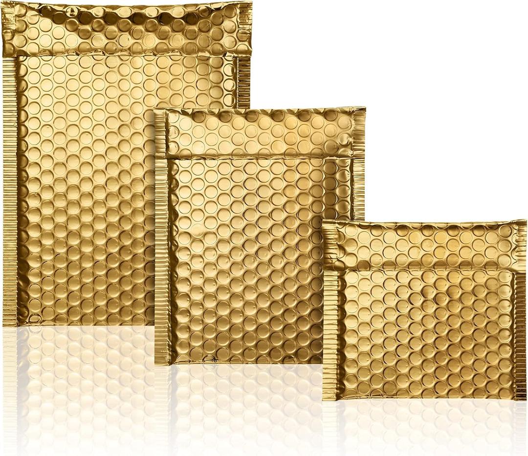 50 Pieces Bubble Mailers 3 Sizes Self Seal Adhesive Poly Mailers Metallic Foil Glitter Padded Shipping Bubble Envelopes for Valentine Mailing Packing Small Business(Gold)