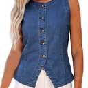 luvamia Jean Vest for Women Denim Strechy Button Down Crewneck Top Casual Summer Sleeveless Denim Vest Women Western Outfit Waistcoat Classic Blue Small US Size 4 Size 6, Size S