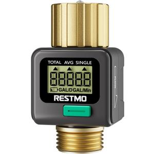 RESTMO Water Flow Meter with Brass Inlet & Outlet, Measure Gallon/Liter Consumption and Flow Rate for Outdoor Garden Hose Watering, RV Water Tank Filling, Lawn Sprinkler and Nozzle Sprayer