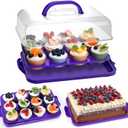 VGOODALL Cupcake Carrier, Rectangle Cake Plate with Lid, 12 Capacity Cup Cake Portable Container Dessert Holder with Handle for Family Picnics and Party Events, 2-in-1 Design, Purple