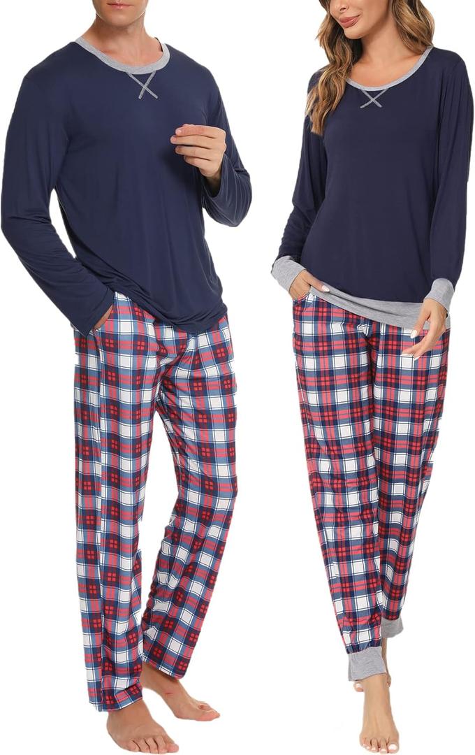 SWOMOG Couples Pajama Sets Women & Men Long Sleeve Sleepwear Top Plaid Pants Loungewear Set with Pockets (Medium, Navy Blue - Red Plaid)