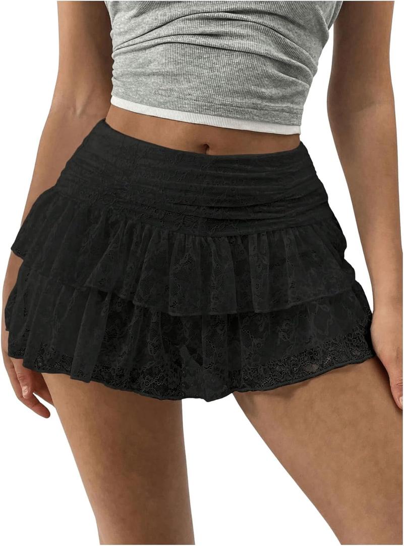 SHENHE Women's Y2k Lace Layered Mini Skirt Ruched A Line Cute Tiered Ruffle Skirt