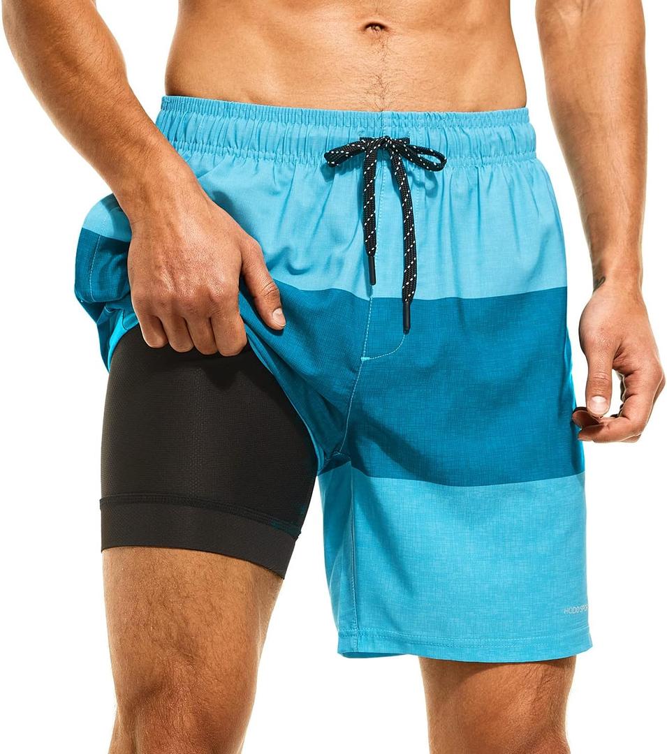 HODOSPORTS Mens Swimsuit Trunks 7" Quick-Dry Swim Shorts with Compression Liner and Zipper Pockets (Large, 07 - Stripe B)