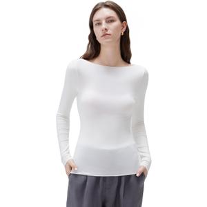 SUUKSESS Cloud Cashmere Women Boat Neck Fitted Long Sleeve Shirt Basic Knit Tops (M, White)
