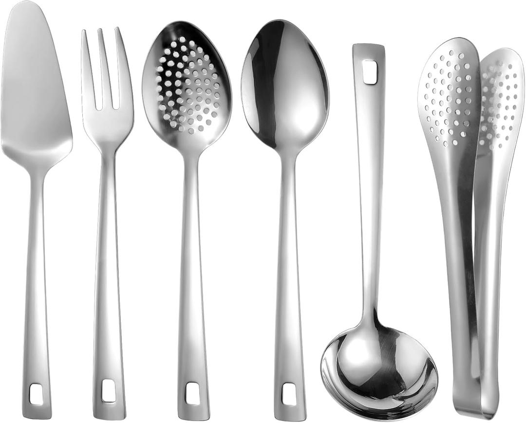 6 PCS Stainless Steel Serving Utensils, 10 Inch Serving Spoons for Buffet Large Hosting Metal Spoons, Silverware Set Tongs for Serving Food Parties Catering