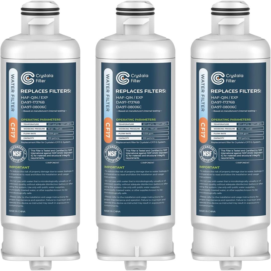 Crystala Filters Replacement for DA97-17376B Water Filter, NSF 42 Compatible with Samsung HAF-QIN, HAF-QIN/EXP, DA97-08006C, RF23M8070SG, RF23M8070SR, RF23M8090SG, RF23M8570SR (3 Pack)