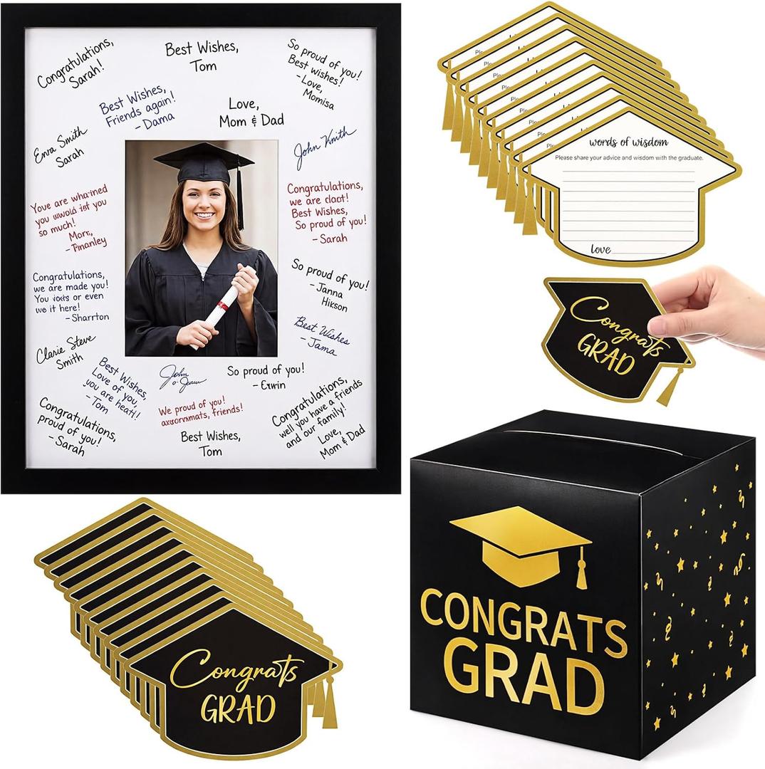 Gueevin Black and Gold Graduation Decorations 2026 Guest Book Alternative Graduation Card Box Advice Cards 11x14in Signature Board Picture Frame for Class of 2026 Congrats Grad Party Decor Supplies